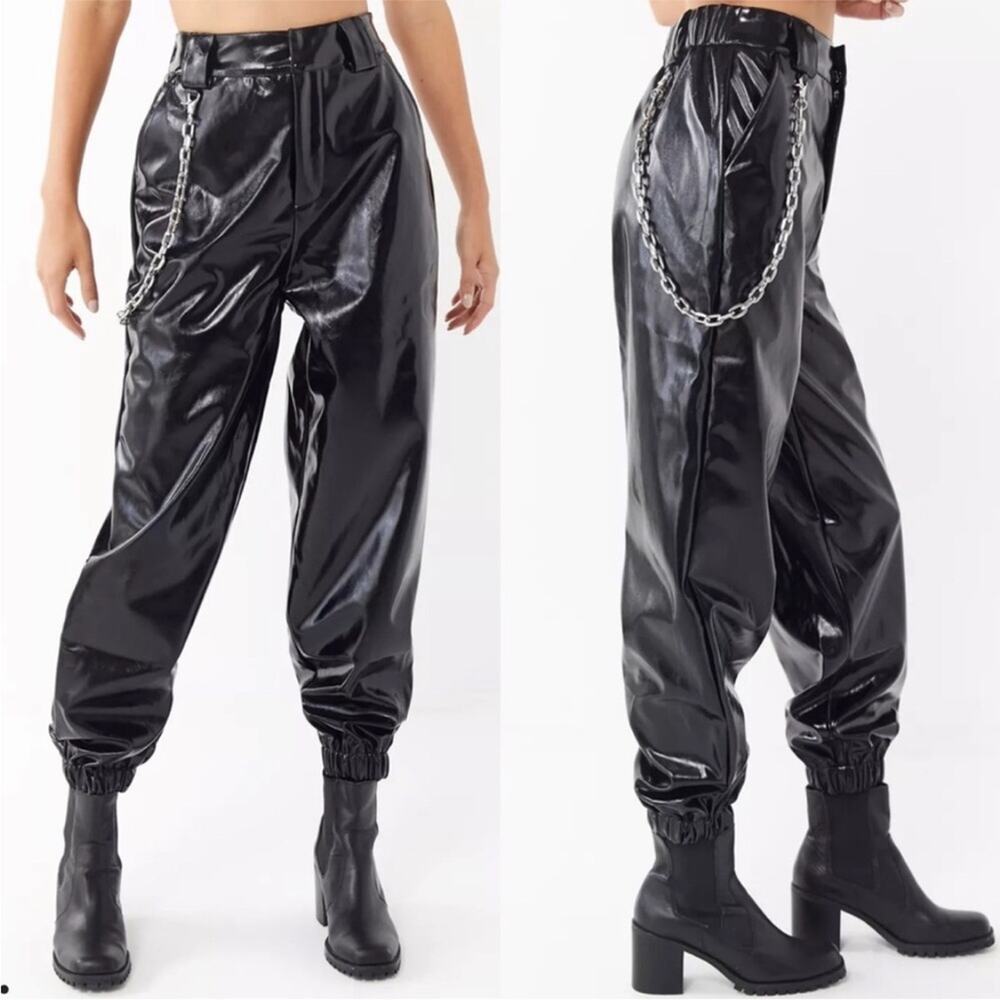 I AM GIA black faux patent leather high rise jogger pants with chain size Small